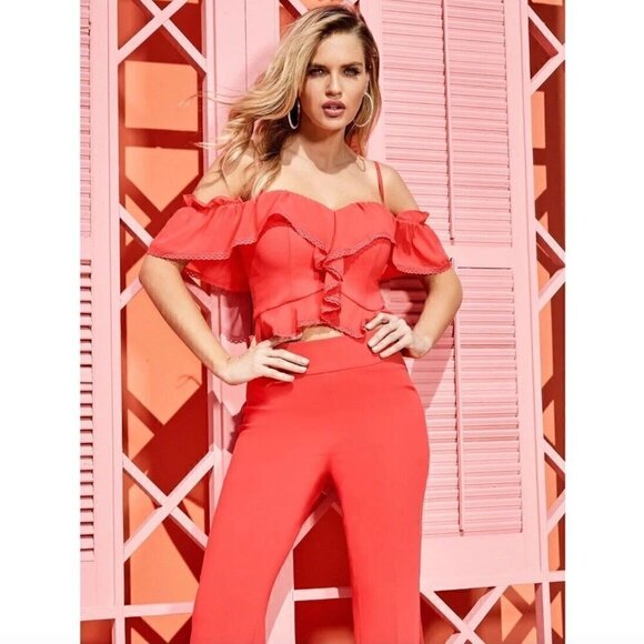 Marciano Juliet Off-Shoulder Bustier Top XS NWT Hibiscus Red Ruffles Mini Length - Picture 1 of 8